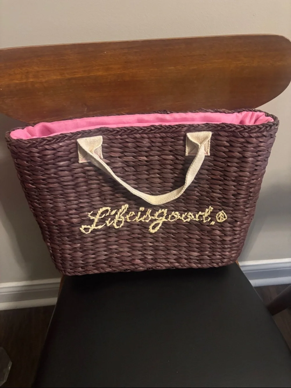 Life is Good Straw Tote Bag in Brown with Pink Lining